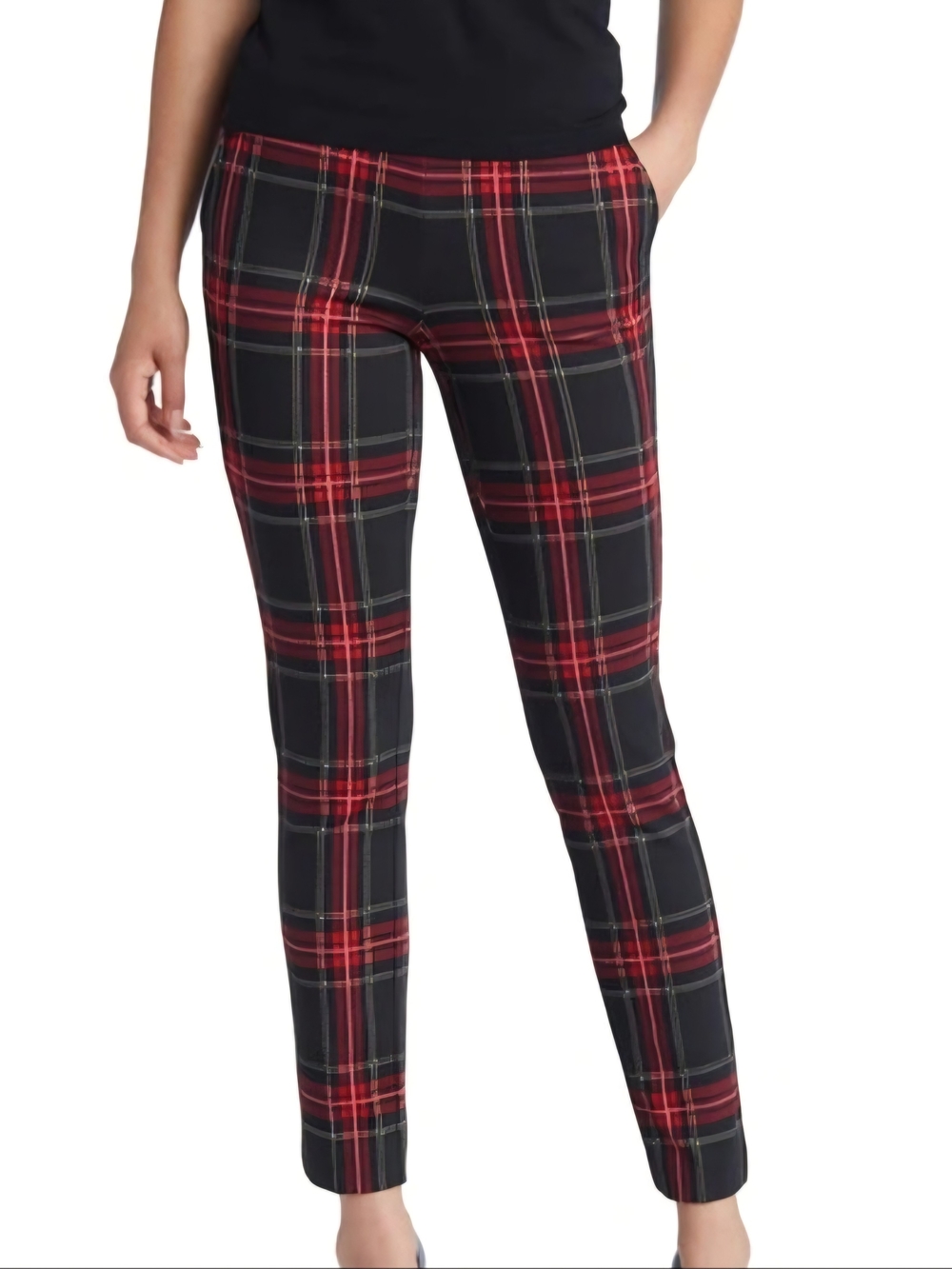 Anne Klein Women's Red & Black Tartan Plaid Ankle Pants; Size XS